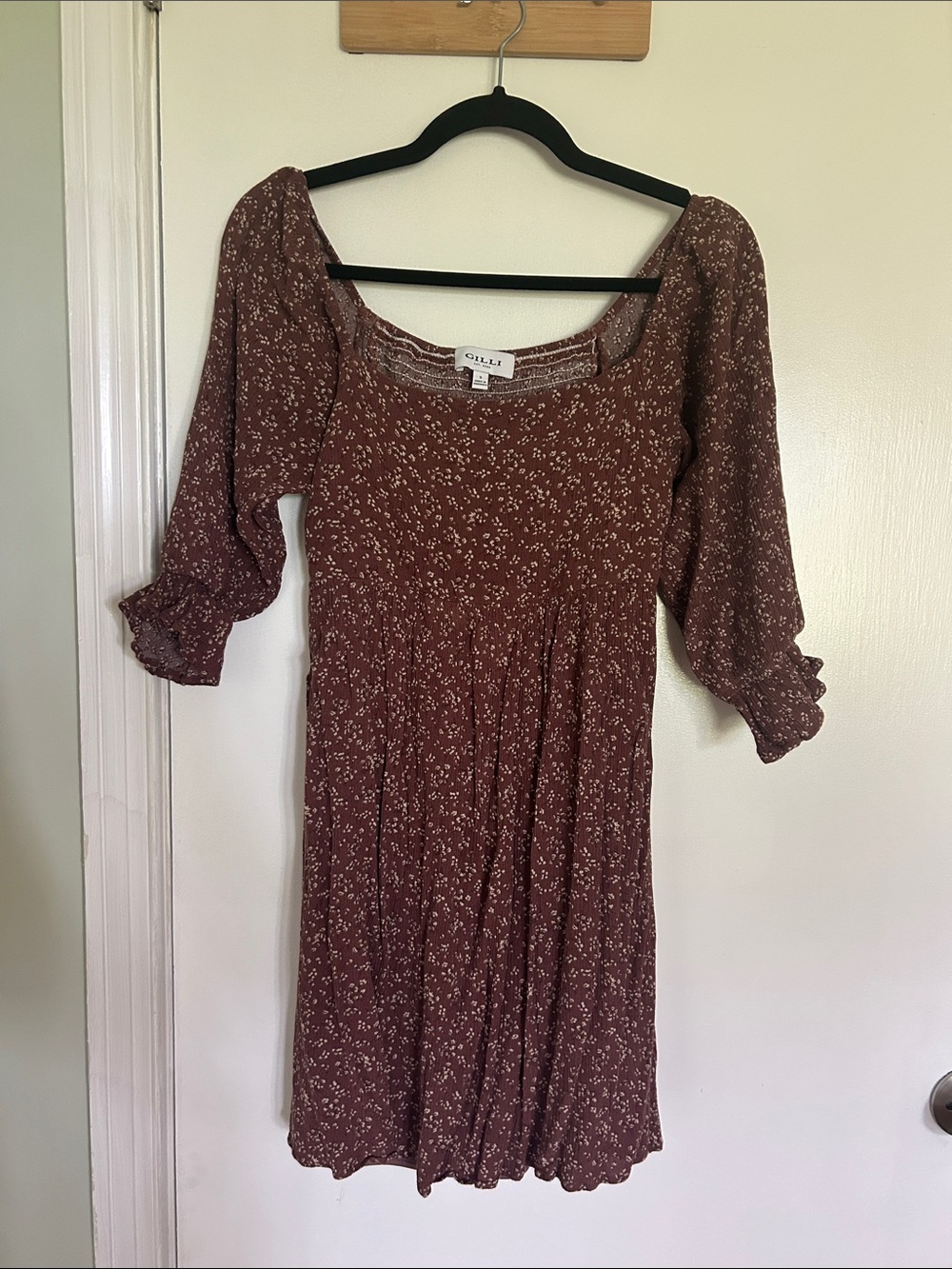 Gilli Rust Floral Midi Dress with Smocked Bodice
